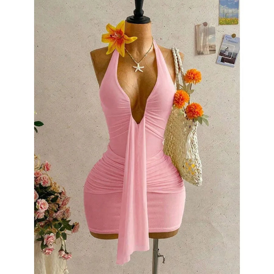 【New style】Women's Casual Vacation Sexy V-Neck Ribbon Halter Bow Tie Ruched Mini Dress, Suitable For Beach, Cruise, Resort