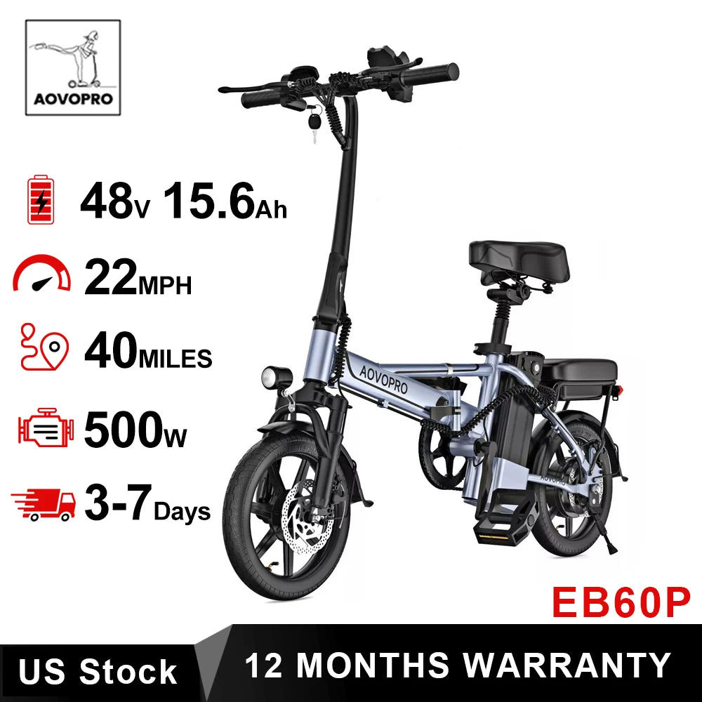 AOVOPRO 14'' EB60 Foldable Electric Bike 500W 48V 10.4AH Battery 22MPH Max Speed 28Miles Long Range with Two Seats for Adult