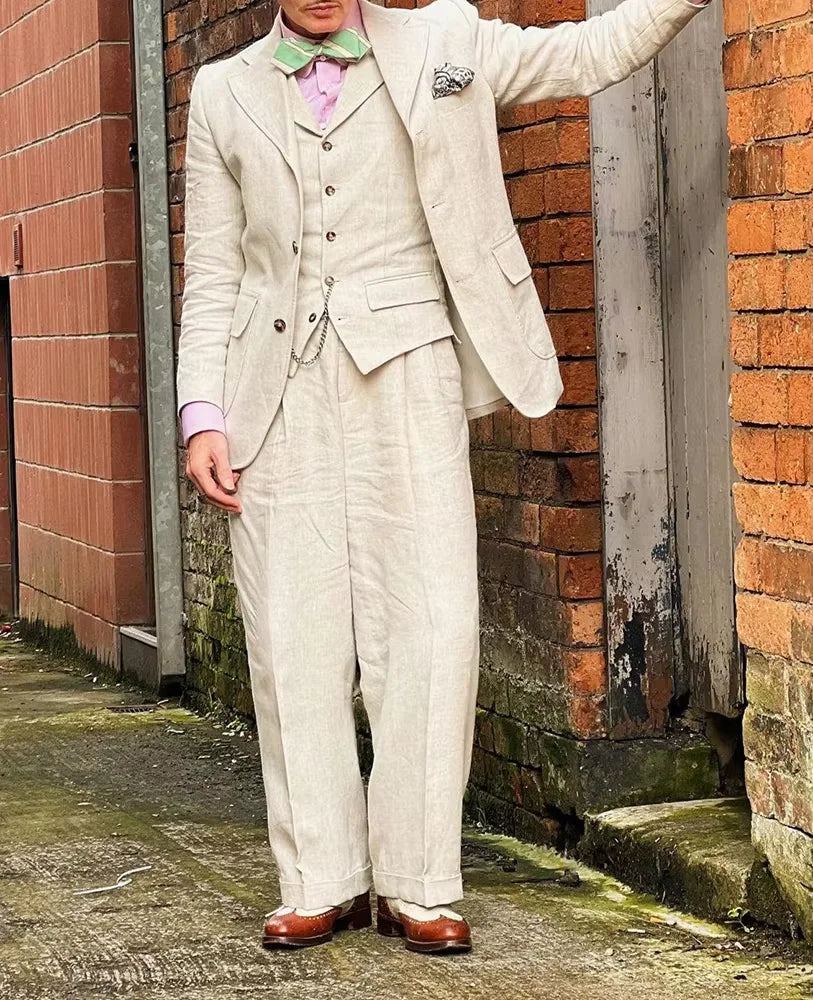 Vintage Men's Linen Suit 3 Piece Peak Lapel Linen Blazer Vest Wide Leg Pants Summer Lightweight Formal Set For Beach Wedding Pro
