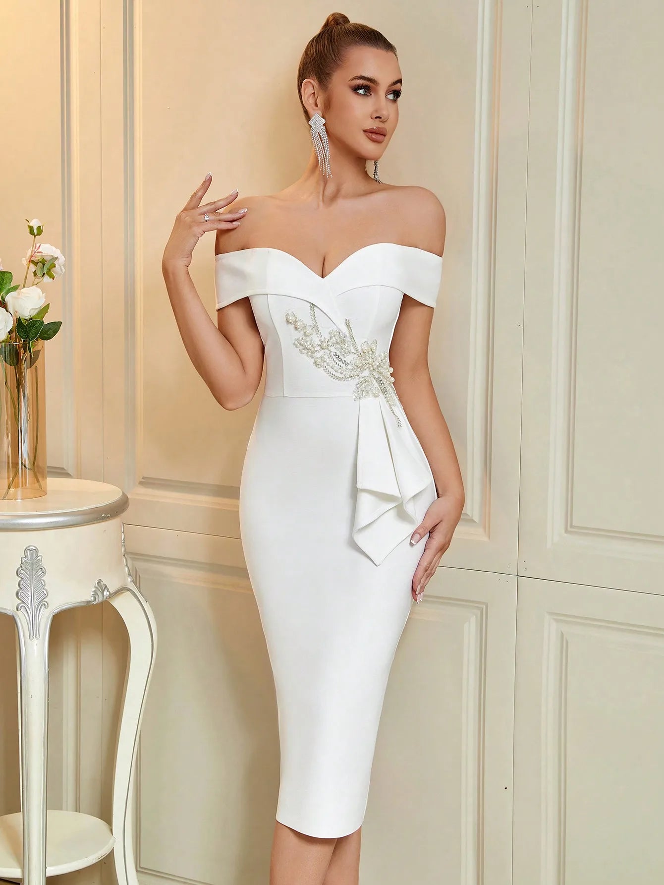 Elegant Off Shoulder Beaded Midi Dress for Prom, Wedding Guest, Cocktail Party, White