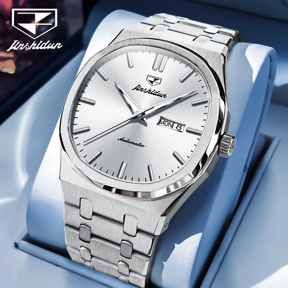JSDUN 8966 Full Gold Watch for Men Automatic Mechanical Dual Calendar Display Waterproof Night light Man Wristwatch