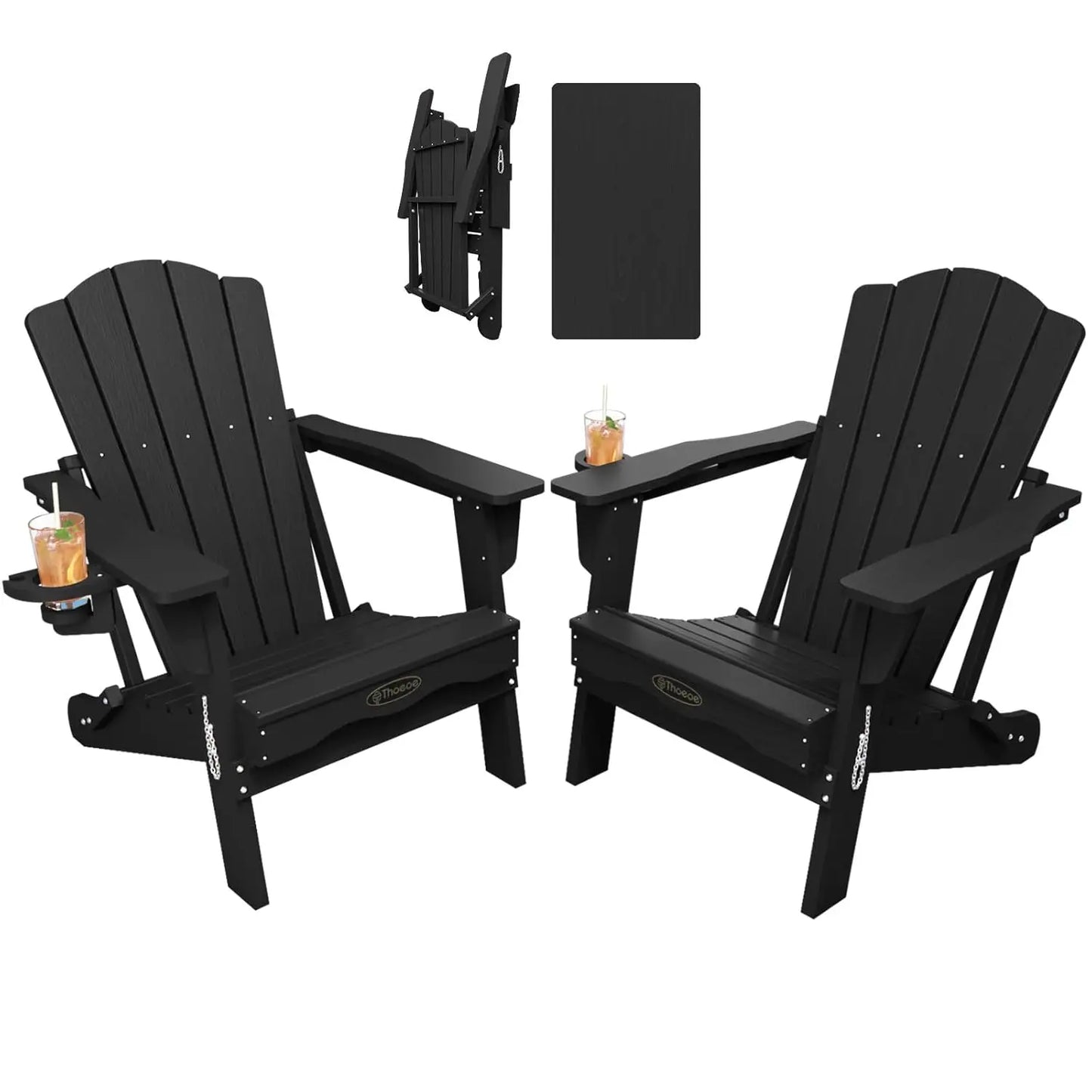 Folding Adirondack Chair Set of 2,HDPE All-Weather Outdoor Chair with Cup Holder,Wooden Textured,Fire Pit, Customized