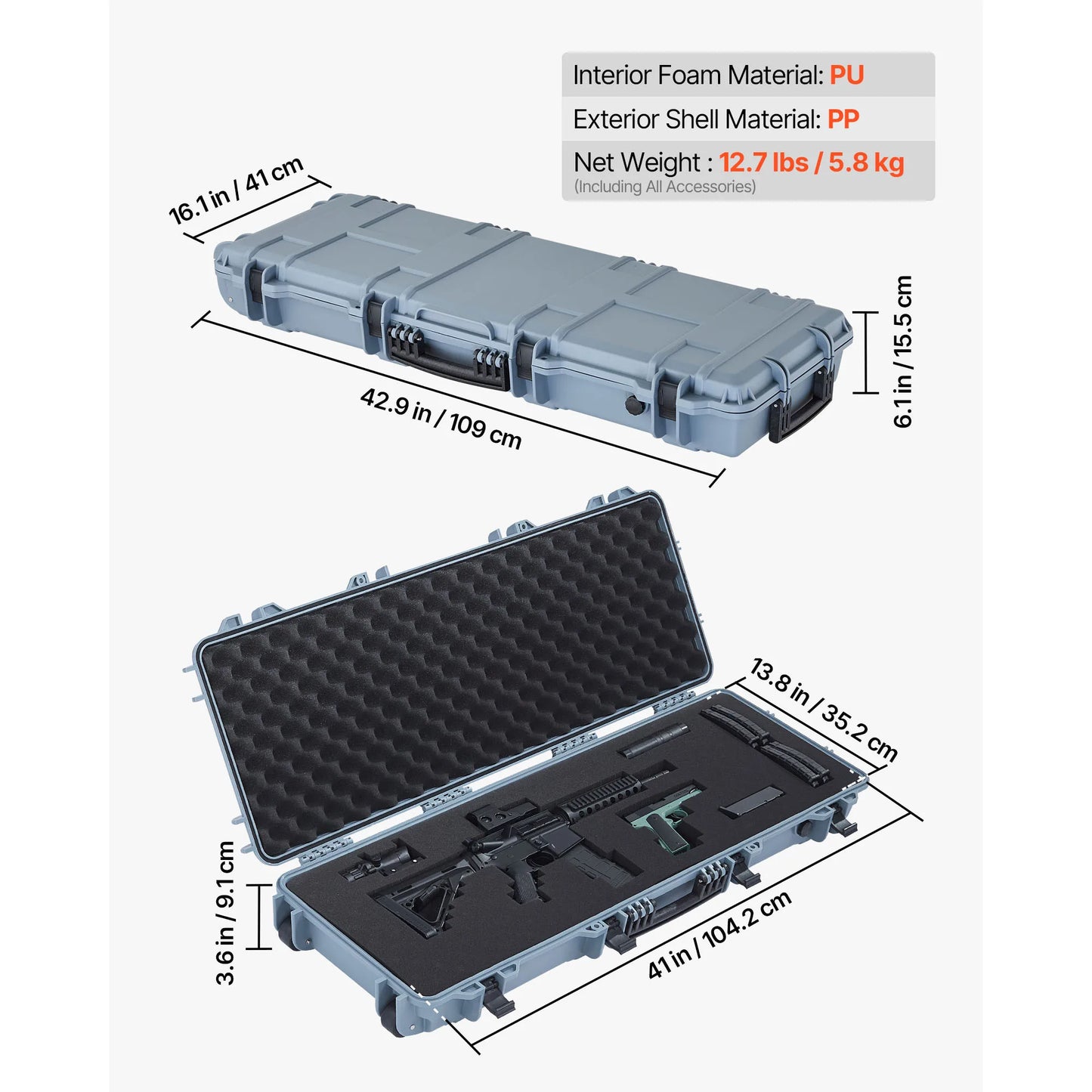 SucceBuy Hard Rifle Case Lockable Rifle Case w/ Pre-cut Foams & Wheels IP67 Waterproof Pistol Storage Cases for Rifles Shotguns