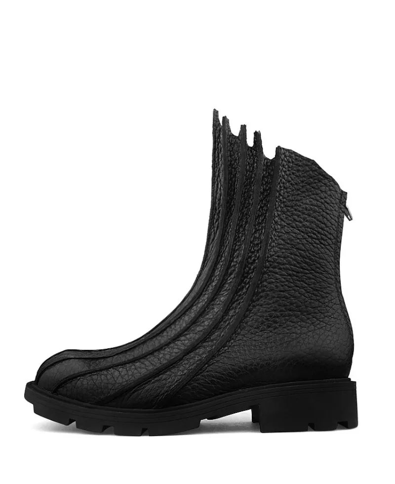 Winter New Mens Casual Black Designer Genuine Leather Comfortable Boots Mid Heel Zipper Motorcycle Round Toe Shoes Fashion Male