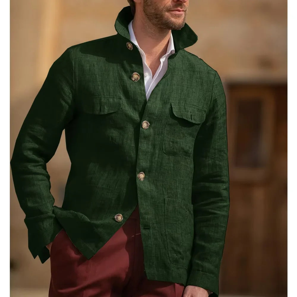 Men's Linen Safari Jacket Vintage Stand Collar Breathable Multi-Pocket Lightweight Casual Blazer Cotton Linen Blend For Summer