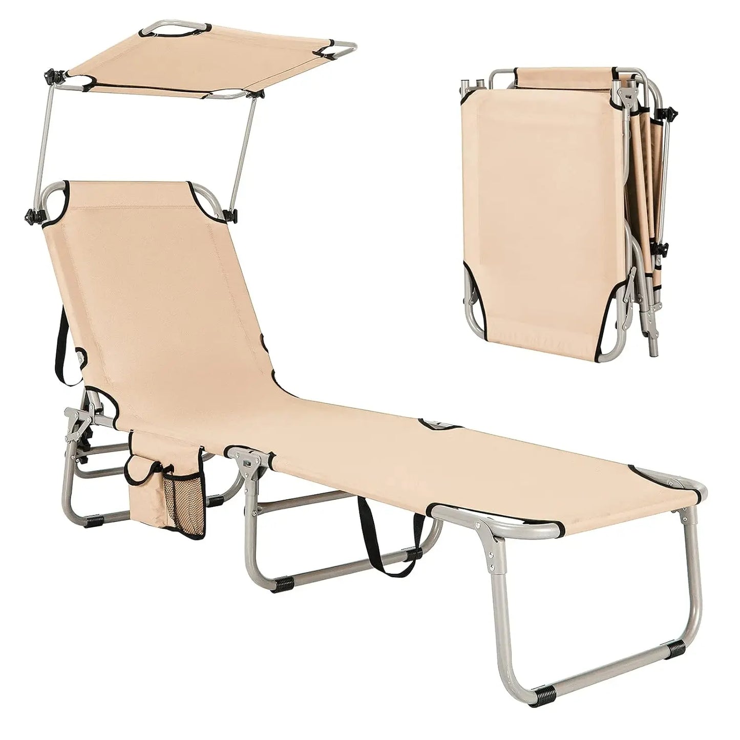 Beach Chair with Canopy Shade, Folding Tanning Lounge with Adjustable Backrest, Carry Handle & Side Pocket,, Customized