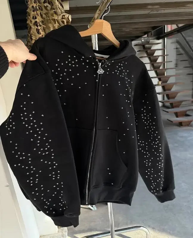 Black Gothic Zip-up Hoodie, A Streetwear Sweatshirt for Men and Women. A Casual Outerwear Perfect for All Seasons.