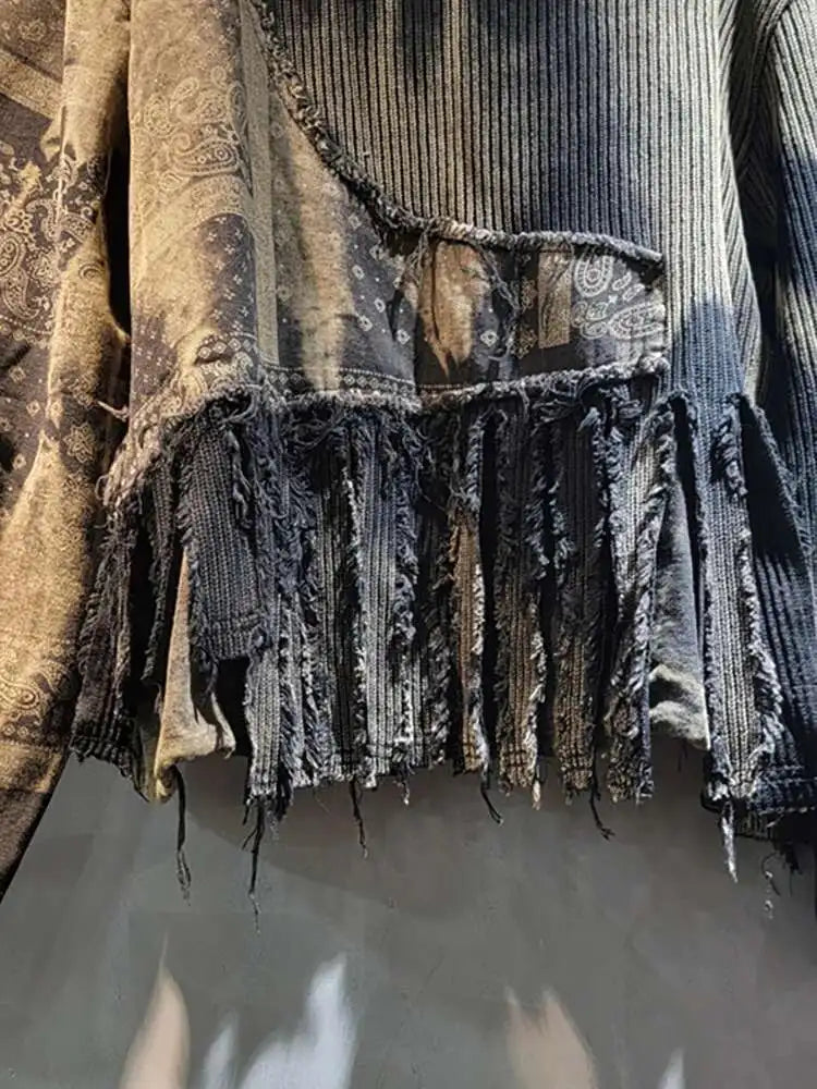 DEAT Women Pullover Knitted Distressed Tie-dye Printed Black Vintage Tassel Long Sleeve Sweater Summer 2026 New Fashion 11A0969