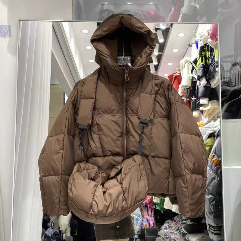 Winter Solid with Backpack Hooded Down Jacket Female Thick Warm Quilted Parka Outwears Women White Duck Down Warm Short Jackets