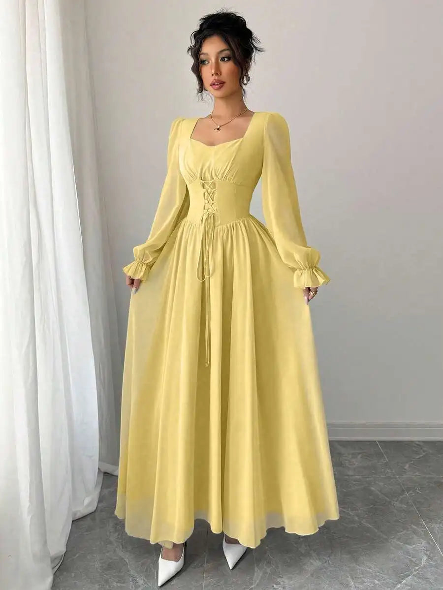 Elegant Blue Long Sleeve Maxi Dress with Corset Lace-Up Waist, Square Neck, Ruffled Cuffs for Spring Summer Events