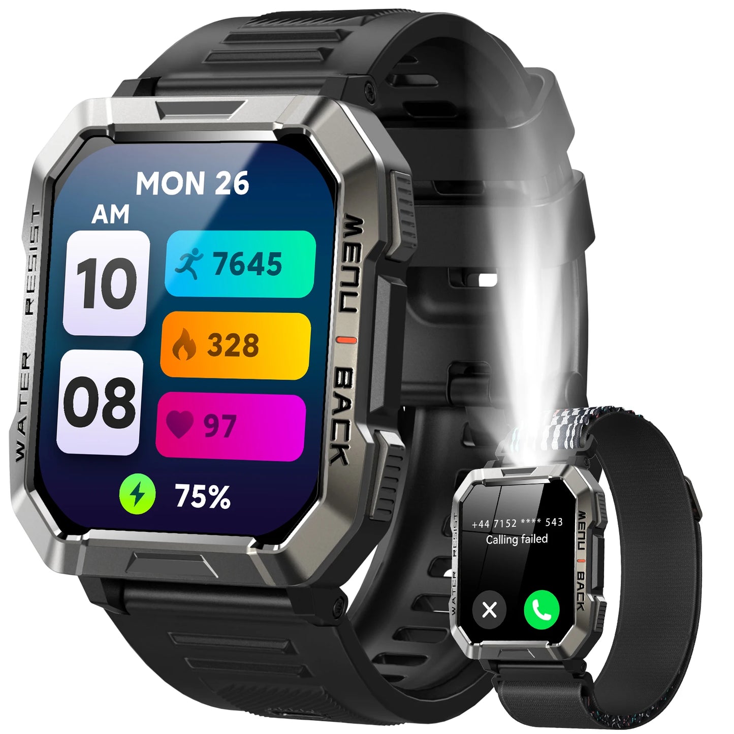 Blackview New Smart Watch 2.01'' HD Display Outdoor Men's Watches with Emergency Lighting Bluetooth Call Waterproof Smartwatch