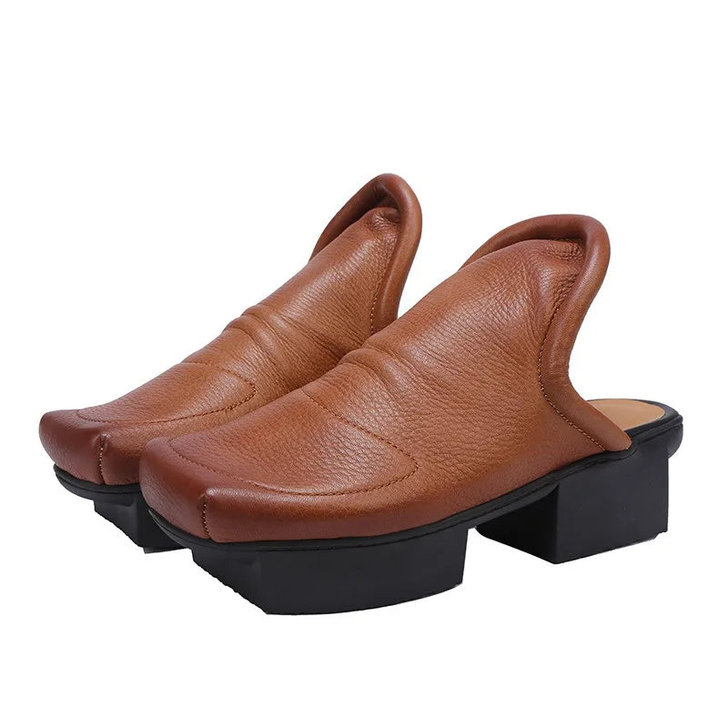 Birkuir Retro Thick Heel Closed Toe Slippers Slip On Women Outdoors Slides Spring Summer Genuine Leather Slippers Size 41