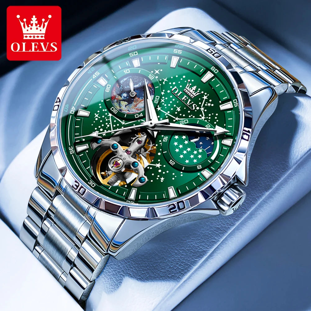 OLEVS Men's Watches Waterproof Multifunctional Luminous Fully Automatic Mechanical Watch Moon Phase Starry Original TOP Brand