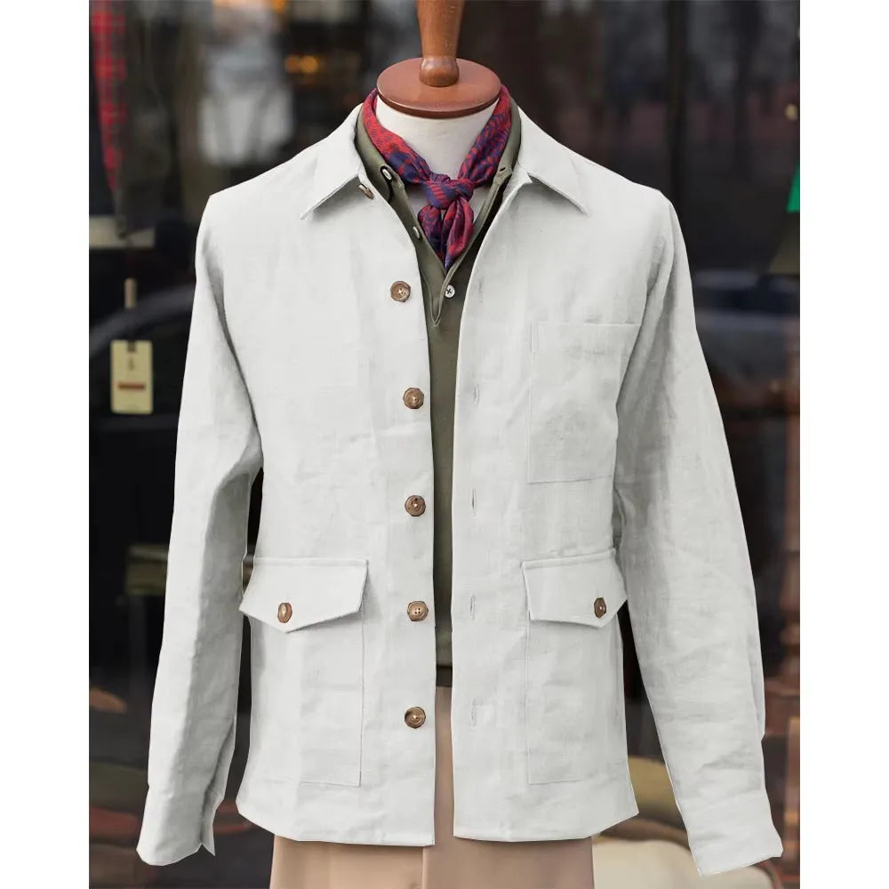 Vintage Men's Cotton Linen Safari Jacket Lapel Multiple Pockets Casual Breathable Lightweight Beach Wedding Summer Spot Coat