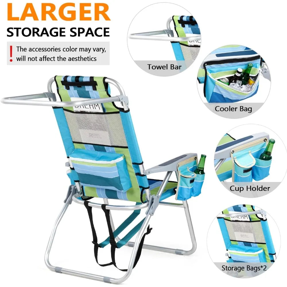 Tall Beach Chair 2 Pack Lightweight, Backpack Beach Chair for Adults with 5-Position, Cooler Bag, Cup Holders, Customized