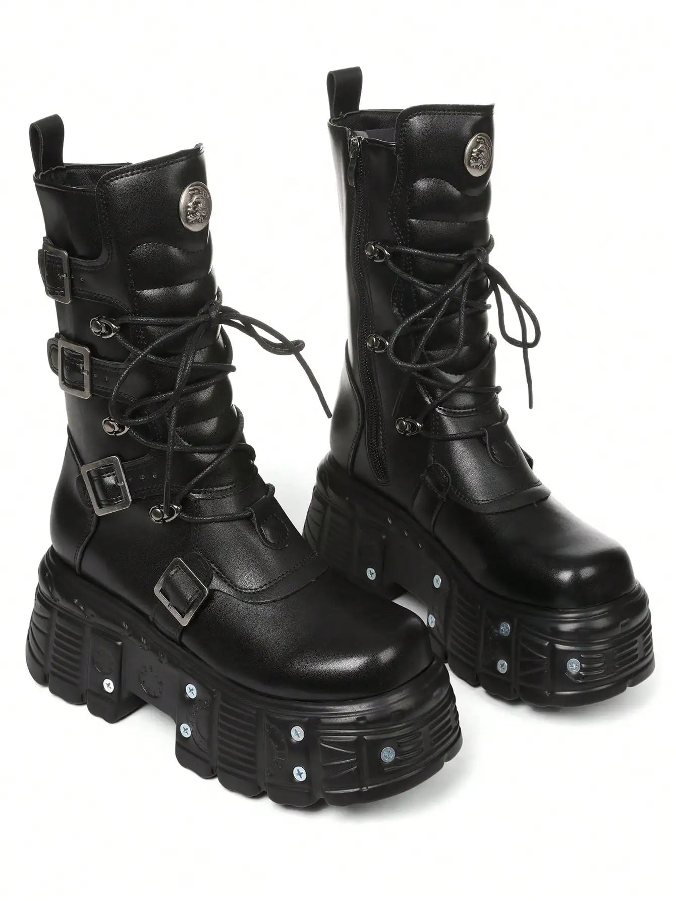 Cool Fashion Women Combat Boots Chunky Heels Thick Bottom Studs Zip Buckle Platform Punk Gothic Luxury Women Street Shoes