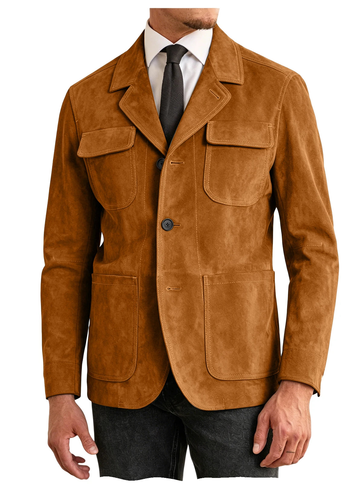 Men's Suede Safari Jacket Navy Slim Fit Fashion Multi-Pocket Notched Lapel Retro Casual Hunting Blazer For Business Daily Wear