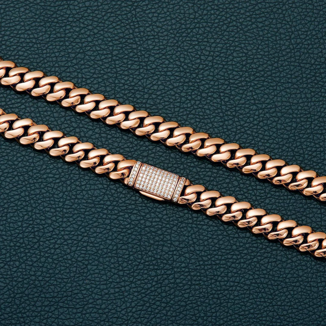 14-22mm Rose Gold Stainless Steel Cuban Miami Link Chain Iced Out CZ Box Clasp Necklace Fashion Hip Hop Unisex Jewelry (1PC)