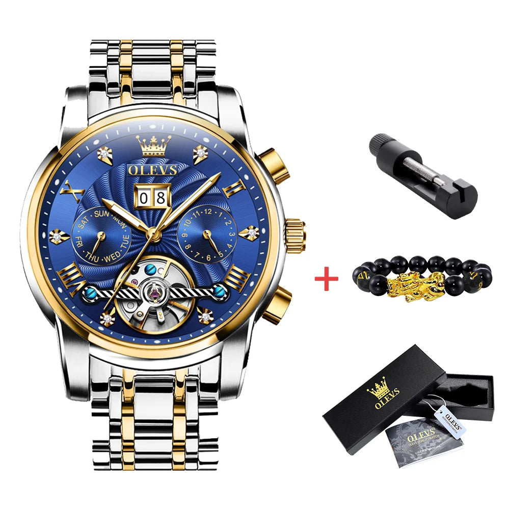 OLEVS Mechanical Watches Automatic Watch Men Waterproof Stainless Steel Strap Skeleton Gold Watch Male Wristwatch