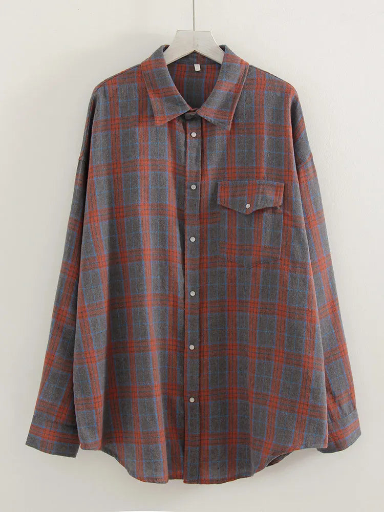 Streamgirl Oversized Plaid Shirt Women 2026 Spring Loose Vintage Long Shirts Full Sleeve Women Plaid Brown Oversized Shirt Blue