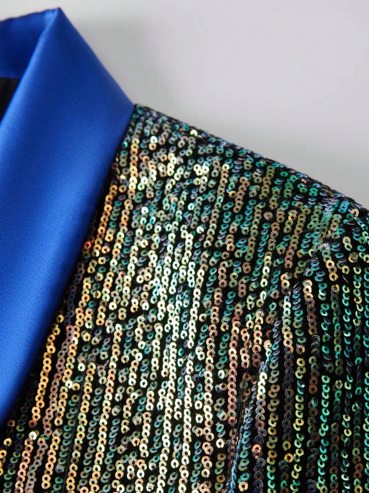 Shiny Sequins One Button Blue Lapel Suit Jacket Blazer for Dinner Prom Party Wedding