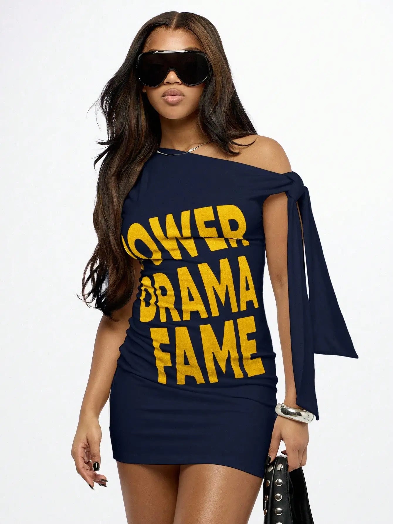 Women's Off Shoulder Mini Dress with Power Drama Fame Graphic Print, Street Style Party Club Wear