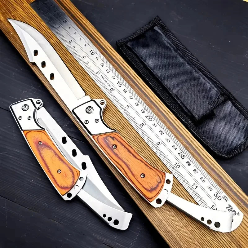 Tactical Folding Knife with Solid Wood Handle, High-Hardness Stainless Steel Blade, V-Grind Edge, Foldable Design for Camping, S