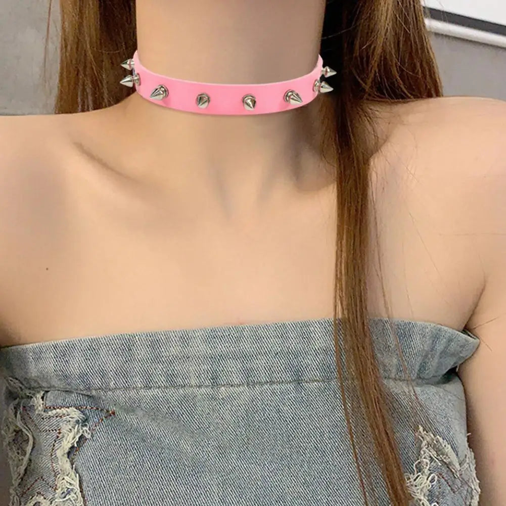 Pink/Black PU Riveted Necklaces For Women Girls, Adjustable Punk Gothic Spike Biker Choker Collar Necklace, Goth Jewelry Gifts
