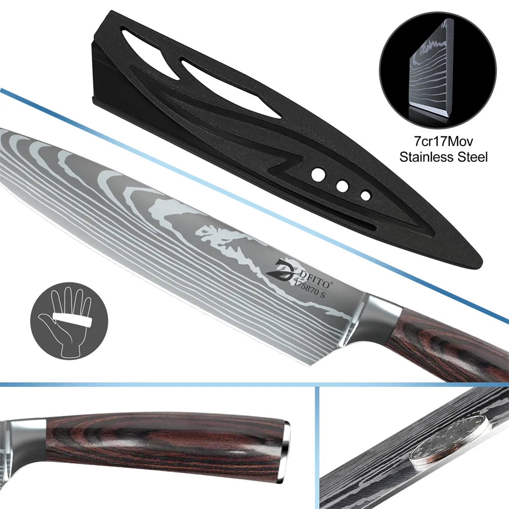 MDHAND 8pcs Kitchen Knife Damascus Stainless Steel Chef Knife Utility Paring Boning Cleaver Slicing Santoku Knives Nylon Bag
