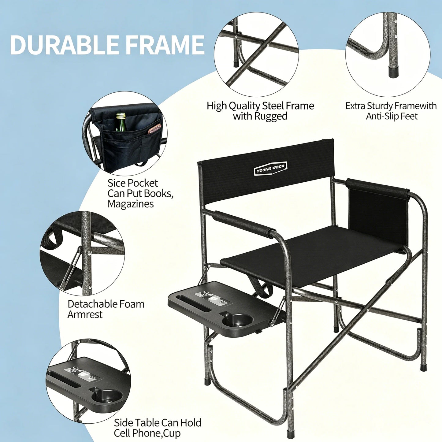 Heavy Duty Camping Folding Director Chair, Portable Outdoor Chair with Side Table, Cup Holder & Storage Pocket, Camping, Fishing, Patio, Picnic