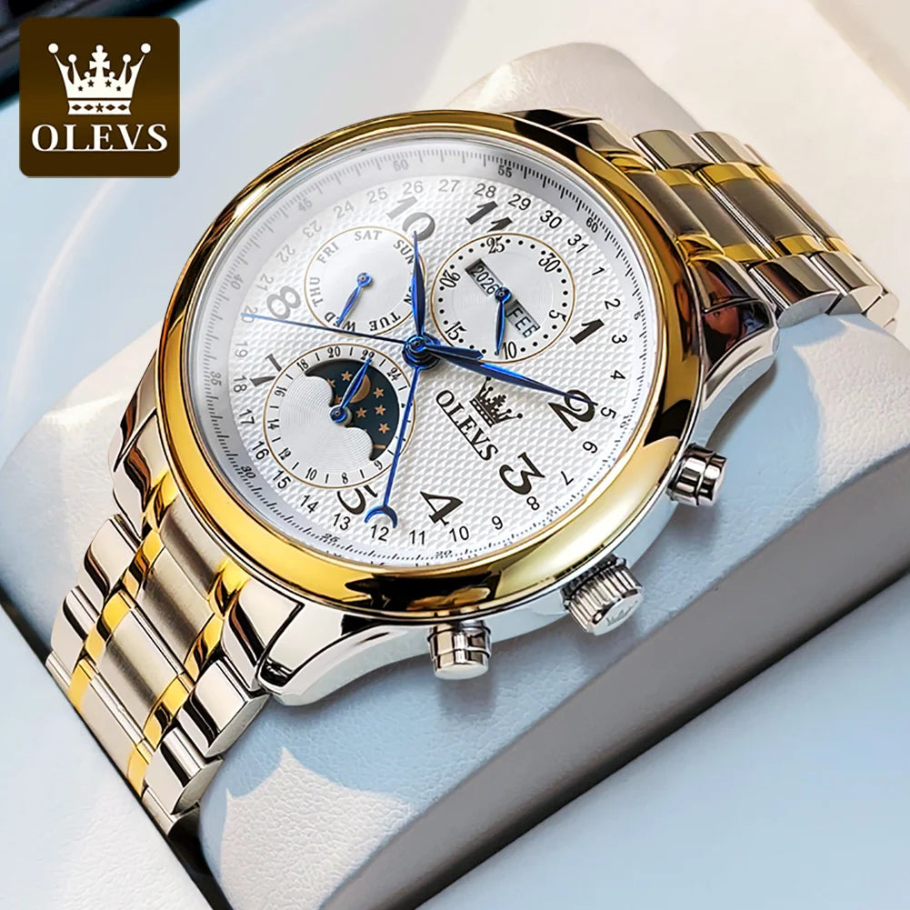 OLEVS Original Men's Automatic Wristwatch Moon Phase Calendar Waterproof Stainless Steel Leather Strap Mechanical Watch for Men