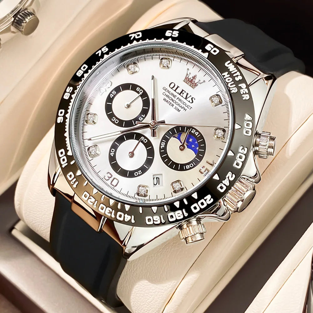 OLEVS Watches for Men Chronograph Analog Quartz Watch Moon Phase Silicone Diamond Waterproof Luminous Quartz Wrist Watches