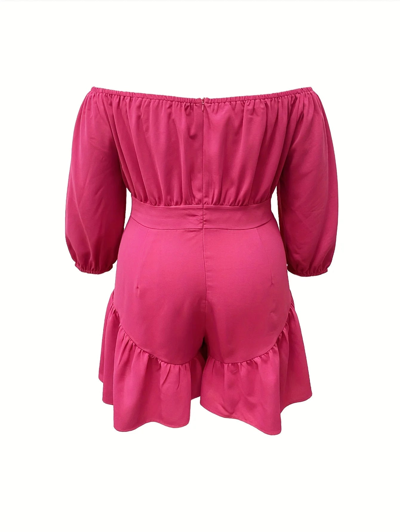 Rose Red Casual Off-the-shoulder Three-quarter Sleeve Ruffle Fitted Holiday Jumpsuit