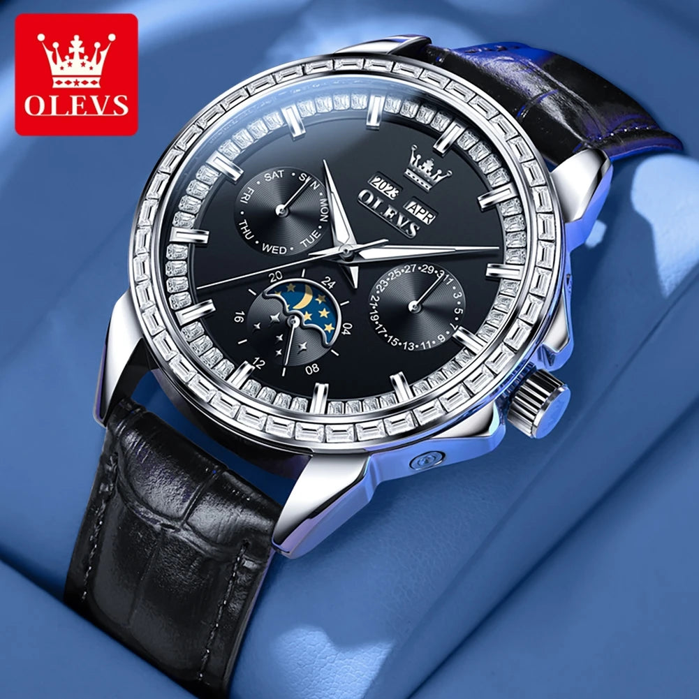 OLEVS 6695 NEW Men's Watches Full Diamond Multifunctional Dial Blue Leather Strap Calendar Week Moon Phase Waterproof Wristwatch