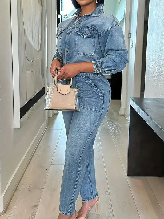Women's Slim Fit Denim Jumpsuit - Long Sleeve Sexy Button Front with Pockets, Casual Streetwear Outfit