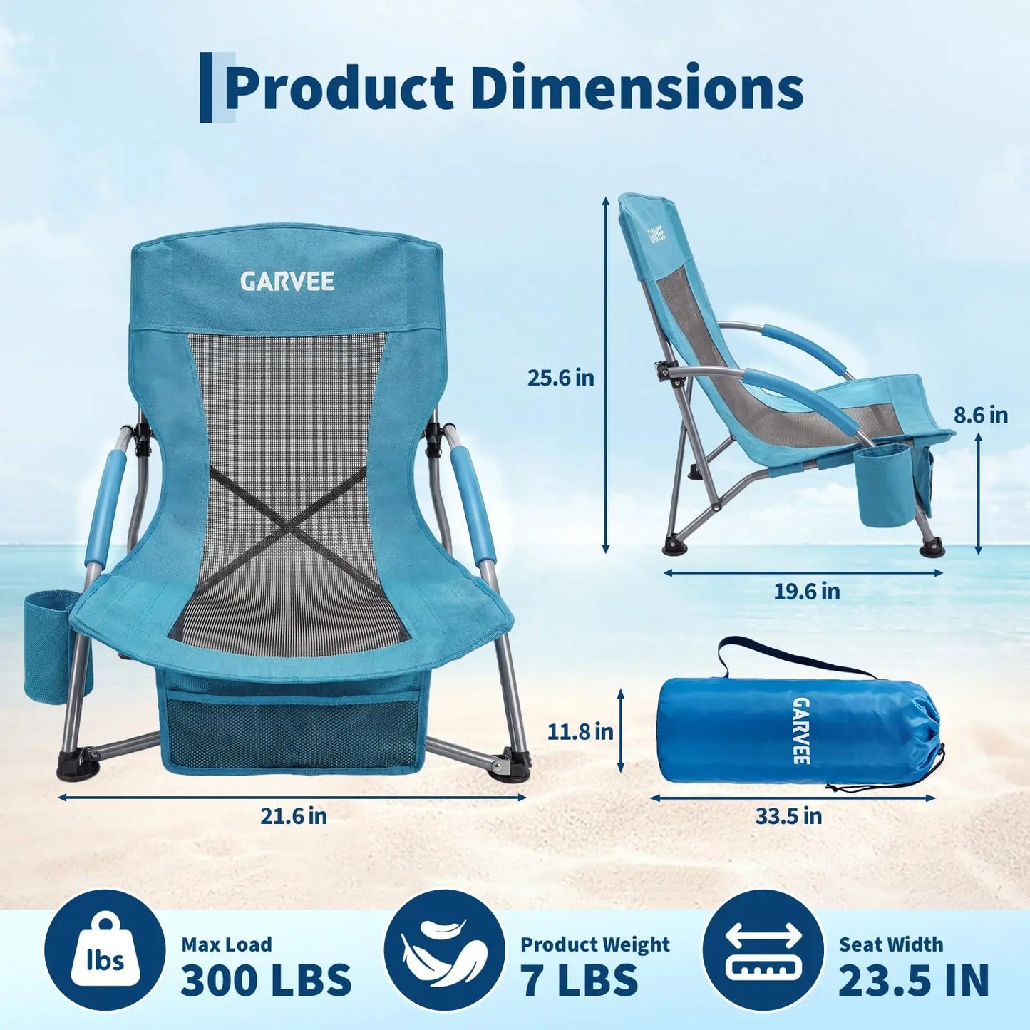 Low Beach Chair 2 Pack, Folding Portable Beach Chairs for Adults, Lightweight Extra Wide Seat Chair with Cup Holder, Storage Pocket & Carry Bag for Camping, Beach, Travel