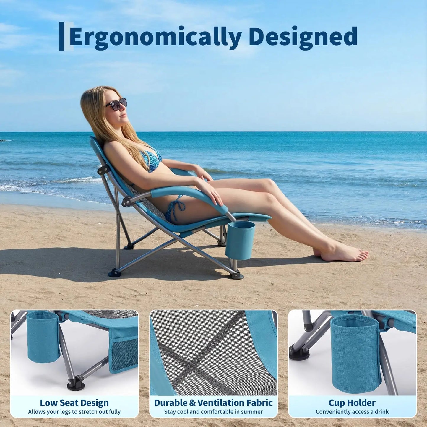 Low Beach Chair 2 Pack, Folding Portable Beach Chairs for Adults, Lightweight Extra Wide Seat Chair with Cup Holder, Storage Pocket & Carry Bag for Camping, Beach, Travel