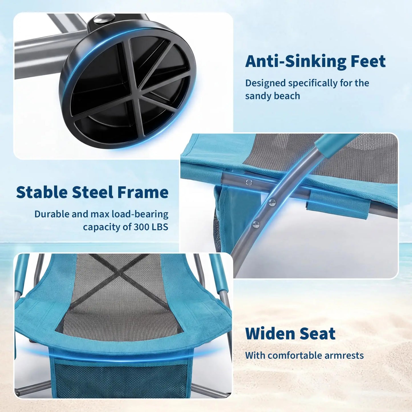 Low Beach Chair 2 Pack, Folding Portable Beach Chairs for Adults, Lightweight Extra Wide Seat Chair with Cup Holder, Storage Pocket & Carry Bag for Camping, Beach, Travel
