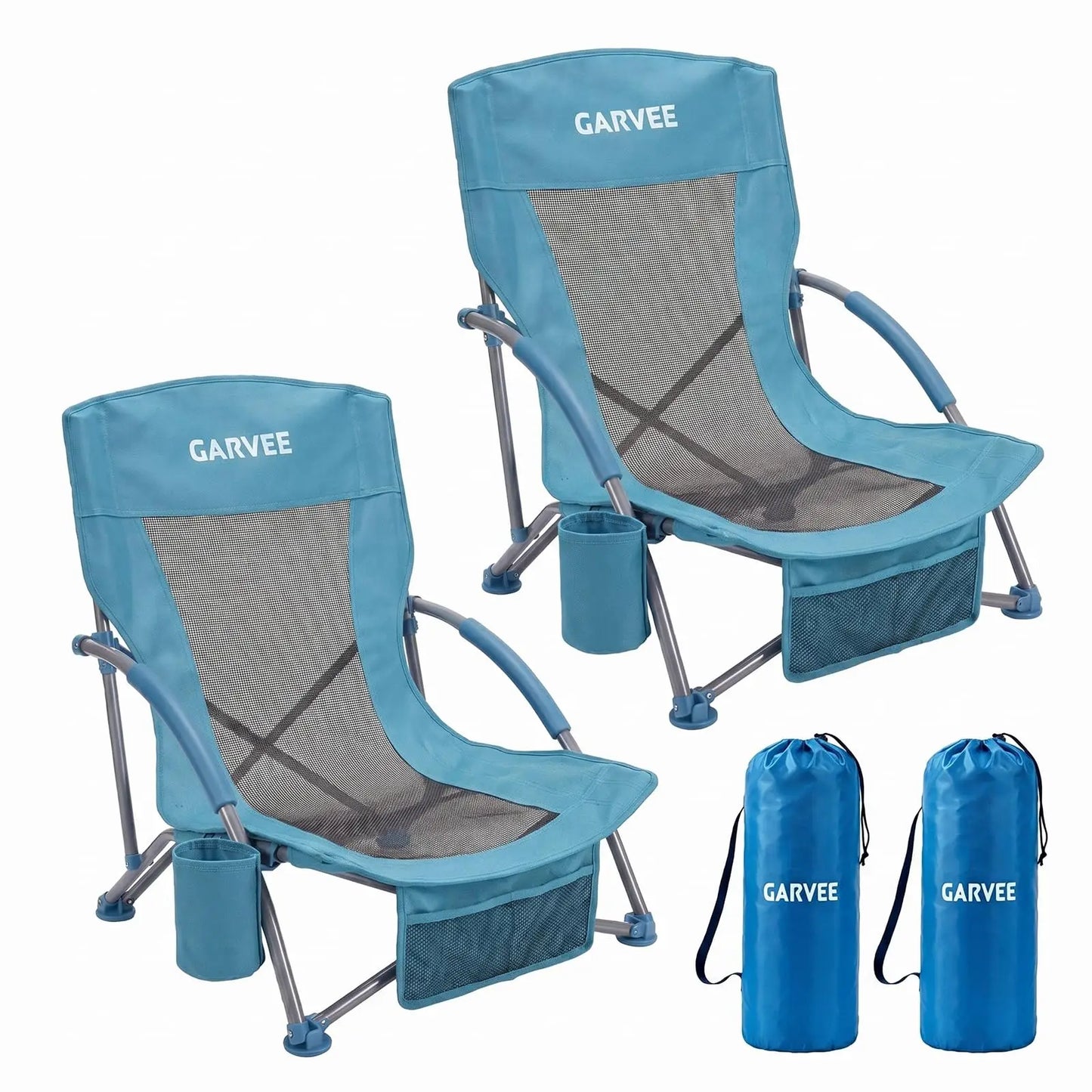 Low Beach Chair 2 Pack, Folding Portable Beach Chairs for Adults, Lightweight Extra Wide Seat Chair with Cup Holder, Storage Pocket & Carry Bag for Camping, Beach, Travel