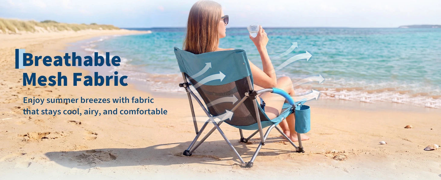 Low Beach Chair 2 Pack, Folding Portable Beach Chairs for Adults, Lightweight Extra Wide Seat Chair with Cup Holder, Storage Pocket & Carry Bag for Camping, Beach, Travel