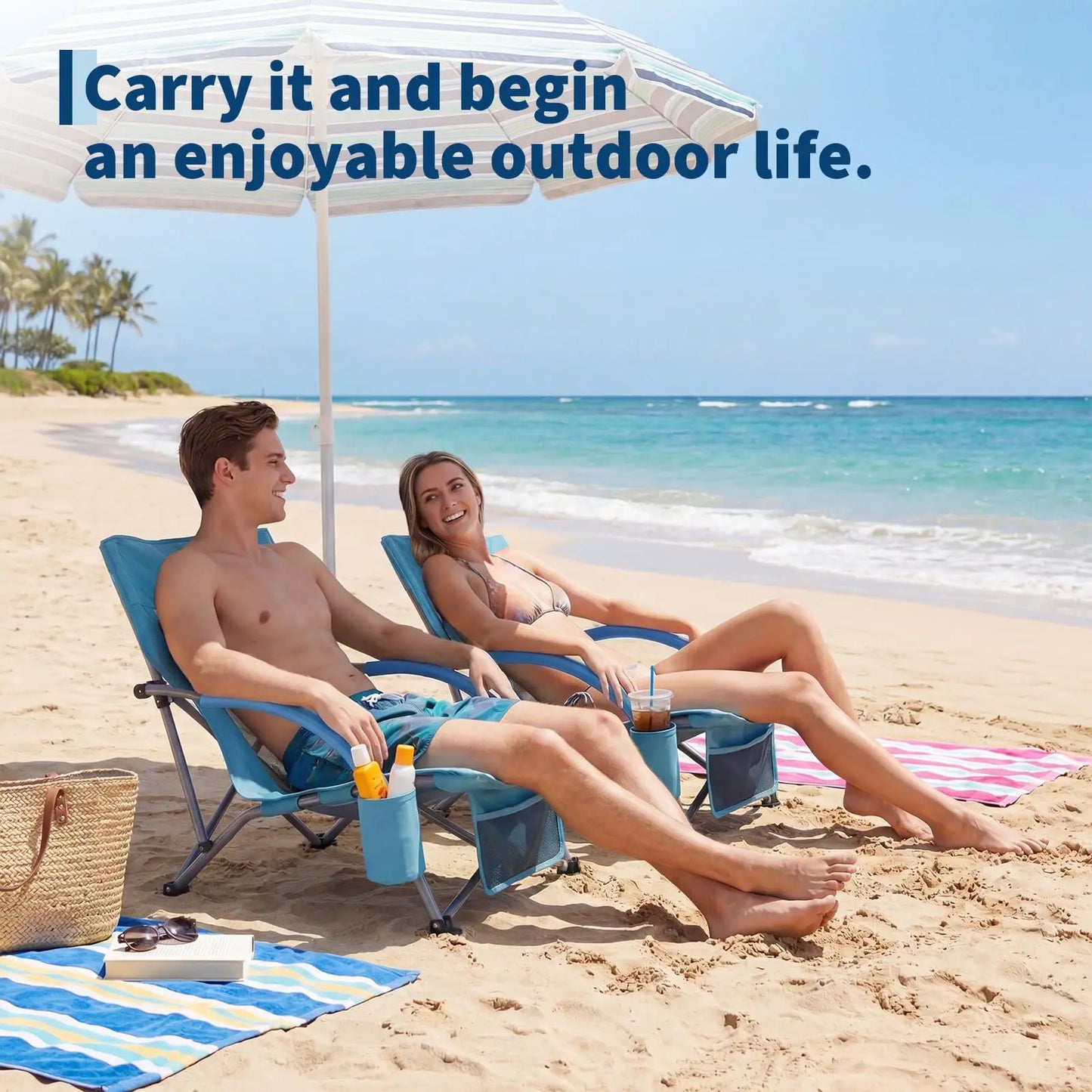 Low Beach Chair 2 Pack, Folding Portable Beach Chairs for Adults, Lightweight Extra Wide Seat Chair with Cup Holder, Storage Pocket & Carry Bag for Camping, Beach, Travel