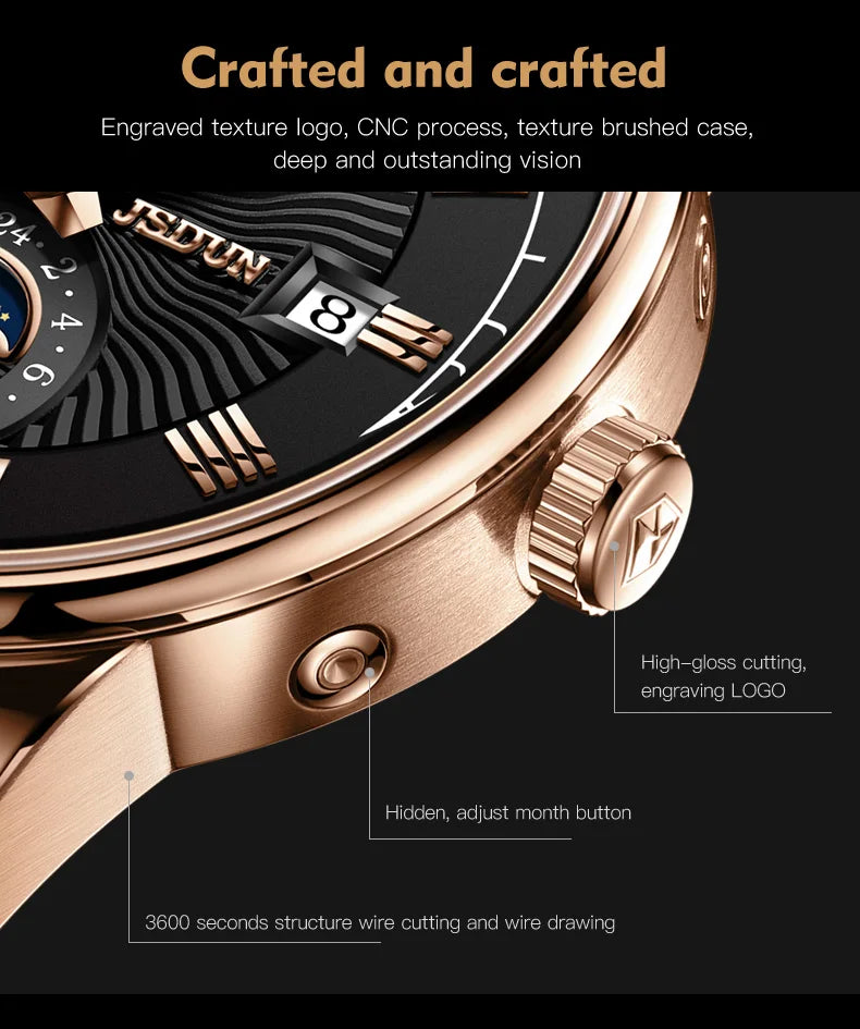 JSDUN Men Mechanical Watch Top Brand Luxury Automatic Watch Leather Waterproof Sports Moon Phase Wristwatch relogio masculino
