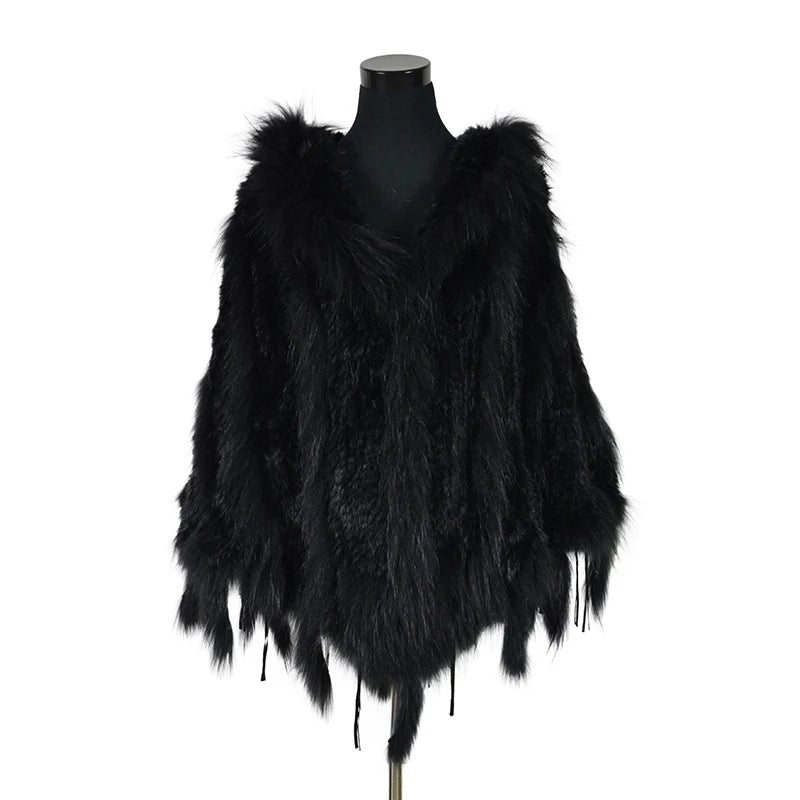 CK708 Real Knitted Rabbit Shawl Poncho Stole With Tassels Shrug Cape Robe Tippet Wrap With Raccoon Fur Collar Women