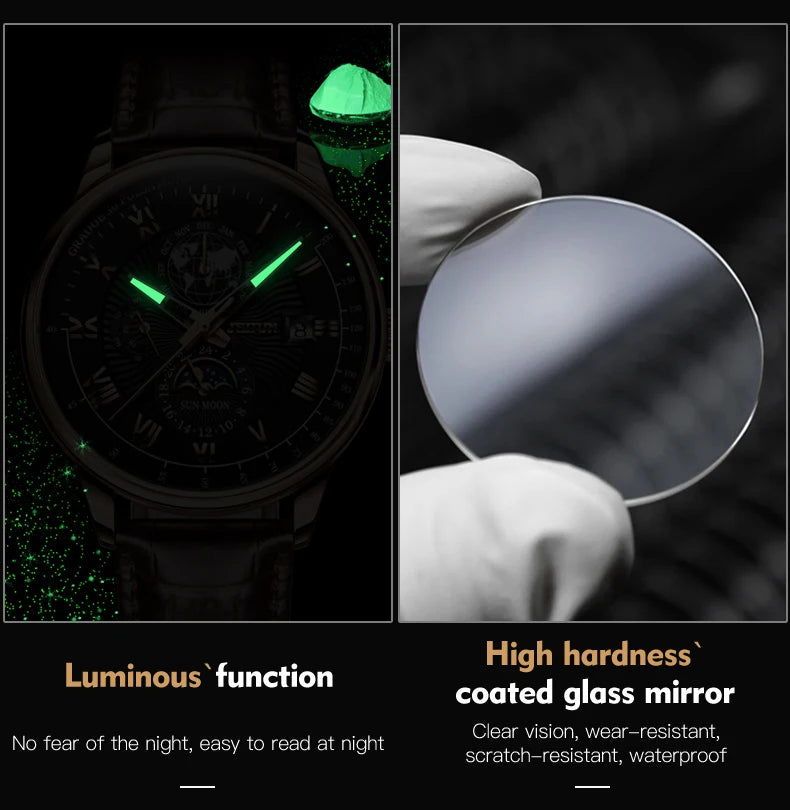 JSDUN Men Mechanical Watch Top Brand Luxury Automatic Watch Leather Waterproof Sports Moon Phase Wristwatch relogio masculino