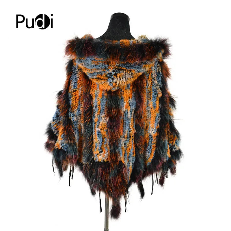 CK708 Real Knitted Rabbit Shawl Poncho Stole With Tassels Shrug Cape Robe Tippet Wrap With Raccoon Fur Collar Women