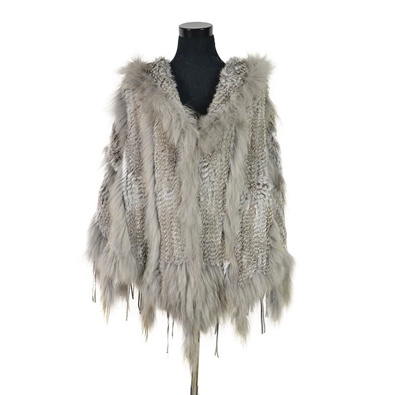 CK708 Real Knitted Rabbit Shawl Poncho Stole With Tassels Shrug Cape Robe Tippet Wrap With Raccoon Fur Collar Women