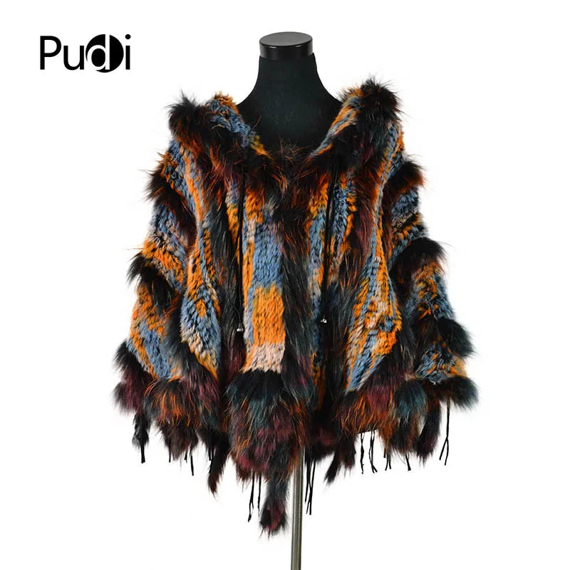 CK708 Real Knitted Rabbit Shawl Poncho Stole With Tassels Shrug Cape Robe Tippet Wrap With Raccoon Fur Collar Women