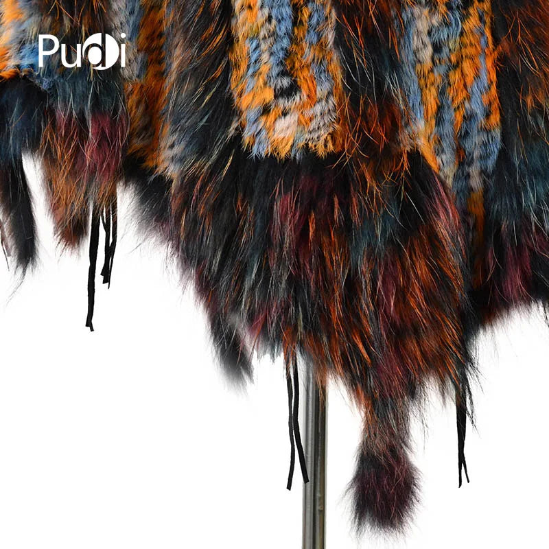 CK708 Real Knitted Rabbit Shawl Poncho Stole With Tassels Shrug Cape Robe Tippet Wrap With Raccoon Fur Collar Women
