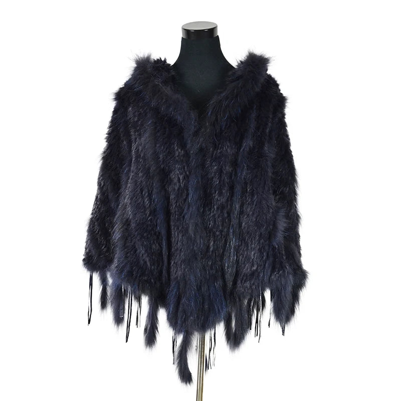 CK708 Real Knitted Rabbit Shawl Poncho Stole With Tassels Shrug Cape Robe Tippet Wrap With Raccoon Fur Collar Women