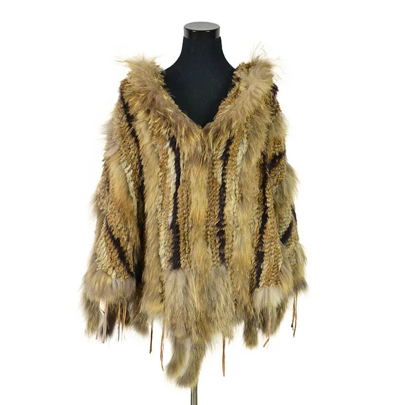 CK708 Real Knitted Rabbit Shawl Poncho Stole With Tassels Shrug Cape Robe Tippet Wrap With Raccoon Fur Collar Women